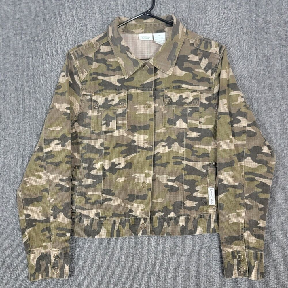 Rainforest Cafe Jacket Womens L Green Brown Houndstooth Camo Snap Button Crop